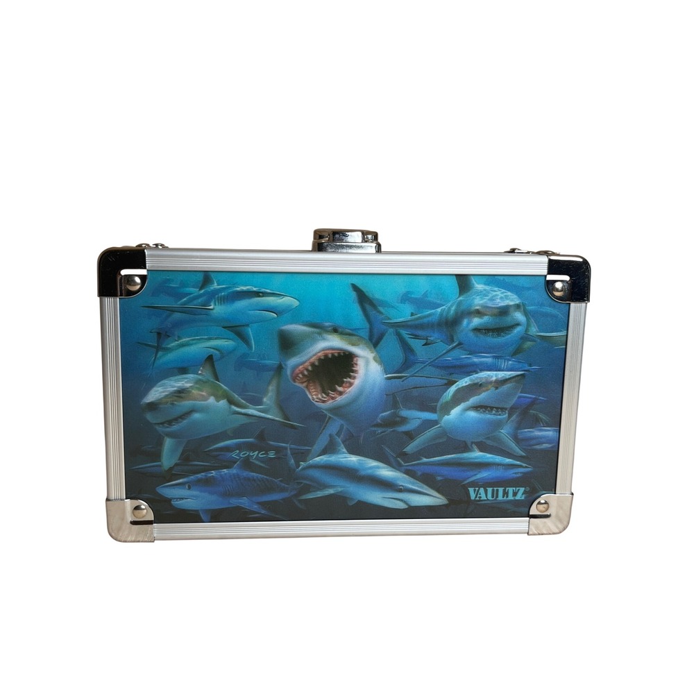 Vaultz Locking Pencil Box Blue 3D Shark Graphic Rugged Storage Case Chrome Trim